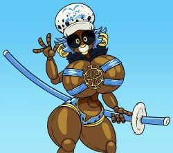 big_breasts bimbofication black_sclera breasts clothing female female_only frost-lock hat one_piece puppet sword trafalgar_law trafalgar_law_(female) yellow_eyes yellow_lipstick