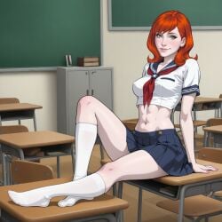 1girls abs ai_generated belly belly_button blue_sailor_collar blue_skirt blush chalkboard classroom crop_top crop_top_overhang cropped_shirt desk erect_nipples erect_nipples_under_clothes eyebrows female female_only ginger green_eyes jean_grey kneehighs legs legs_spread looking_at_viewer marvel marvel_comics medium_breasts miniskirt muscle_tone neckerchief on_desk painted_nails pale_skin pink_nails pleated_skirt protocat red_hair red_neckerchief rogue-like:evolution_(game) sailor_collar sailor_uniform school school_uniform schoolgirl serafuku shirt short short_sleeves skirt slender_body slender_legs smile smiling_at_viewer smooth_skin socks solo solo_female toned toned_female white_body white_kneehighs white_legwear white_shirt x-men x-men_evolution