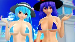 2025 3d angel bikini bikini_top blue-haired_female blue_bikini blue_sky blush clouds cyan-haired_female cyan_bikini duo_female garden hat hati_yukkuri_mmd headwear iku_nagae light-skinned_female long-haired_female looking_at_viewer mmd oarfish_humanoid open_mouth outdoors red_eyes short-haired_female sky swimsuit tanned_female tenshi_hinanawi touhou
