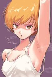 1girls armpits arms_up atlus female glare mastersickart persona persona_4 presenting_armpit satonaka_chie short_hair sweat sweaty tomboy