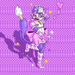 1:1 alien antennae_(anatomy) anthro armwear balls bandage bandage_on_face bandage_on_nose bandaged_tail big_eyes big_feet blush bodily_fluids bottomwear bow_ribbon bulge checkered checkered_background clothed clothing crop_top cute_fangs domestic_cat dress elbow_gloves embarrassed eyelashes fangs feet felid feline felis femboy fluffy genitals gloves green_eyes hair handwear happy heart_background heart_symbol heart_tongue hi_res knee_highs legwear long_eyelashes male mammal midriff multicolored_body multicolored_clothing multicolored_dress name_tag nipples nori_"grapes"_budo_(thornus69) pasties pattern_background penis pink_nipples purple_body raised_leg ribbons shadow shirt short_hair simple_background skimpy skirt slim small_balls small_penis smile solo sparkles sweat sweatdrop teeth thornus69_(artist) tiptoes topwear white_body white_hair