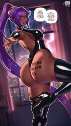 1girls big_ass bleach bleach:_the_thousand-year_blood_war bubble_butt choker city_background collar dark-skinned_female dark_skin dialogue dumptruck_ass english_text fat_ass female female_focus female_only heel_boots heels high_heels huge_ass imminent_sex jerkdibuja latex lipstick long_hair looking_at_viewer one-piece_swimsuit painted_nails platform_heels ponytail posing posing_for_the_viewer purple_hair round_ass sexy_pose shihouin_yoruichi side_view solo solo_female solo_focus stockings talking_to_viewer tattoo text thick_thighs thunder_thighs voluptuous voluptuous_female wide_hips yellow_eyes