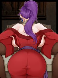 1boy 1girls after_paizuri arc_the_lad ass backboob bare_shoulders bed breast_squeeze breasts breasts_out cum dark-skinned_male earrings female from_behind huge_ass huge_breasts implied_paizuri japanese_clothes jewelry kimono kneeling kukuru kurarika large_ass large_breasts long_hair lying male meldes paizuri ponytail purple_hair robes sash scarf tied_hair viewed_from_behind wide_sleeves