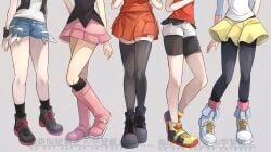 5girls bike_shorts black_boots black_pantyhose black_shorts black_socks black_thighhighs boots dawn_(pokemon) denim denim_shorts dress highres hilda_(pokemon) legs legs_focus lower_body may_(pokemon) multiple_girls nintendo pantyhose pantyhose_under_shorts pink_boots pink_skirt pokemon pokemon_bw pokemon_bw2 pokemon_dppt pokemon_oras pokemon_xy red_shirt red_skirt rosa_(pokemon) serena_(pokemon) shirt short_shorts shorts shorts_under_shorts skirt socks thighhighs vest white_shorts yellow_shorts