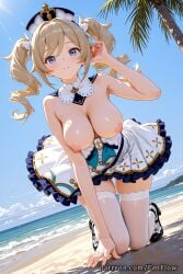 1girls 2025 ai_generated all_fours bangs barbara_(genshin_impact) bare_shoulders beach black_footwear blonde_hair blue_eyes blue_sky blush breasts breasts_out detached_collar dress drill_hair eroflow female frilled_dress frilled_skirt frills genshin_impact hat hi_res highres hoyoverse large_breasts long_hair looking_at_viewer mihoyo mihoyo_technology_(shanghai)_co._ltd. nipples ocean outdoors palm_tree parted_lips patreon shoes sky solo thighhighs topless tree twin_drills twintails voluptuous voluptuous_female water white_dress white_headwear white_thighhighs