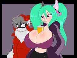 2019 4:3 android anthro big_breasts blush body_blush breast_blush breasts canid canine clothed clothing digital_media_(artwork) duo fan_character female fur hair hi_res horn huge_breasts humanoid long_hair machine male male/female mammal phantasy_star phantasy_star_online_2 robot sega simple_background standing wide_hipped_female wide_hipped_male wide_hips xaria xaria_(dheroredmagma)