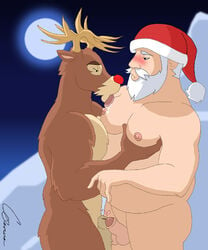 2boys animal_penis anthro antlers balls ballsack beard brown_fur cervine christmas erection facial_hair foreskin gay human intact interspecies male male/male male_nipple_licking male_nipples male_only partially_retracted_foreskin penis red_nose reindeer rudolph santa_claus santa_hat scrotum shaggy_fur shaved_crotch smooth_penis smooth_skinned_male tagme testicles uncut white_hair yaoi