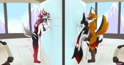 absurd_res anthro canid canine canis doggy_style female from_behind_position fur group hi_res kamino1 male male/female mammal orange_body orange_fur red_body red_fur sex white_body white_fur wolf