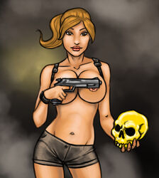 breasts cocked_hip covering_nipples female female_only front_view holding_gun human lara_croft lara_croft_(l.a.u.) pistol ponytail shorts skull solo standing tagme tomb_raider topless