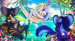 2025 absurd_res anthro apode areola black_body black_hair black_scales blue_body blue_hair blue_nipples blue_scales claws clothing cobra detailed_background draconcopode female gold_nipples group hair hammock hi_res horn legless long_hair naga nipple_piercing nipples nude oasis origami-orange piercing reptile scales scalie serpentine snake swimwear tail tan_body tan_scales trio water