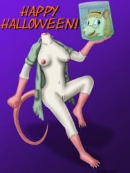 3:4 andifferous anthro breasts detachable detachable_head female fur head_in_a_jar headless hi_res holding_own_head nipples nude smile white_body white_fur