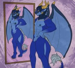 ambiguous_gender anthro breasts digital_media_(artwork) dragon female gender_transformation genitals hair hi_res horn male mirror mirror_reflection mythological_creature mythological_scalie mythology nipples nude penis reflection sad scalie solo tail trans_(lore) transformation vulva wings