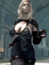 animated armor big_ass big_breasts bikini_armor blonde_hair blue_eyes bodysuit dommy_mommy elf_orc_lunaire glasses huge_ass huge_breasts large_ass large_breasts rebecca_(original_character) seductive skyrim tagme the_elder_scrolls tight_clothing video