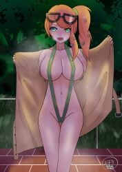 almost_naked artist_name artist_signature big_breasts breasts exposed lurenjia nelson94613 nintendo nipple_bulge nipples_visible_through_clothing pokemon pokemon_ss sling_bikini slingshot_swimsuit sonia_(pokemon) towel