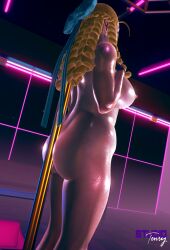 3d 3d_(artwork) 3dcg ass_focus big_ass big_butt boots capcom chubby drill_hair female giant_ass highres karin_kanzuki naked oil oily on_stage plump pole shoes street_fighter stripper_pole studiotenry sweat thick_ass thick_thighs wet wet_skin