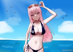 1girls alternate_version_available artist_name artist_signature beach bikini black_bikini hololive hololive_english hololive_myth long_hair lurenjia mori_calliope nelson94613 pink_hair virtual_youtuber