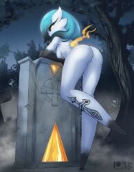 anthro black_sclera blue_hair breasts eyelashes female gardevoir gloves_(marking) hair looking_at_viewer looking_back nude pokemon pokemon_(species) pokemon_rse pussy rilex_lenov shiny_pokemon tombstone yellow_eyes