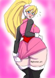 ass ass_focus blonde_hair blush ciel_(mega_man) embarrassed ghostar gloves mega_man mega_man_zero simple_background skirt_pull skirt_tug undersized_clothes