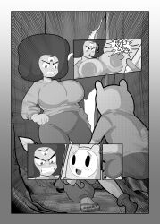 adventure_time angry blush breasts_exposed breasts_outside bulge cartoon_network comic comic_page crossover drav_jack fight fighting finn_the_human forest garnet_(steven_universe) large_breasts monochrome multiversus ripped_clothing steven_universe