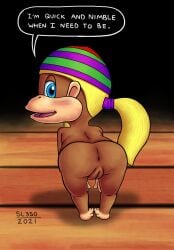 2021 ass beanie blonde_hair clothing donkey_kong_(series) donkey_kong_64 english_text female hair haplorhine hat headgear headwear hi_res looking_at_viewer mammal monkey monkey_girl nintendo nude ponytail presenting primate rareware sl350 smile solo speech_bubble text tiny_kong