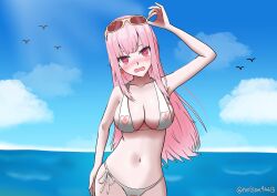 1girls alternate_version_available artist_name artist_signature beach bikini cutout embarrassed hololive hololive_english hololive_myth long_hair lurenjia mori_calliope nelson94613 nipples nipples_outside pink_hair pussy virtual_youtuber white_bikini