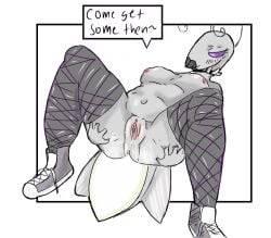 antennae_(anatomy) anthro arthropod beetle bodily_fluids breasts collar converse dialogue discodemon elateroid female firefly fishnet genital_fluids genitals goth grey_body hi_res insects lying mandibles on_back purple_eyes pussy pussy_juice solo spiked_collar spikes spreading