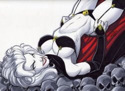 2023 bending_down big_breasts chaos_comics coffin_comics curvy_female curvy_figure death_(personification) female_focus female_only grim_reaper high_resolution lady_death long_hair looking_at_viewer queen_of_the_dead scott_dalrymple voluptuous_female white_body white_hair white_skin