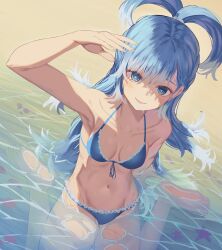 1girls armpits bikini blue_eyes blue_hair callumoo female female_only hololive hololive_indonesia hololive_indonesia_holoro kneeling kobo_kanaeru medium_breasts smile solo sun virtual_youtuber water wet