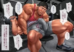 2boys abs bara baseball_cap bench_press bent_over biceps big_cock big_muscles big_penis black_hair blush bodybuilder dumbbell excessive_cum facial_hair gay gym half_naked hat high_resolution highres huge_cock huge_muscles japanese_text kumagorow legs_apart legs_spread male male_focus male_only muscle muscles muscular muscular_arms muscular_ass muscular_back muscular_legs muscular_male muscular_thighs nipples pecs shorts tank_top thick_ass thick_eyebrows thick_thighs translation_request veins veiny_muscles veiny_penis working_out workout workout_clothes workout_clothing