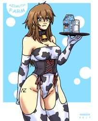 ass bell blush brown_hair cleavage collar corset cow_print cowbell ear_tag embarrassed exposed_shoulders femsub gauntlets glass glass_of_milk gloves hips holding_tray humiliation maid milk milk_carton pout pouty_lips shabazik tray waitress