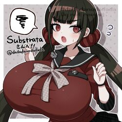 1girls annoyed assassin big_breasts black_hair blush blushing_profusely breast_focus breasts busty cleavage clothed clothing dadadanoda danganronpa danganronpa_v3 feet_out_of_frame female harukawa_maki huge_breasts long_hair long_twintails mole mole_under_eye open_mouth red_eyes school_uniform simple_background solo solo_female twintails uniform watermark