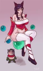 1girls 2014 ahri animal_ears big_breasts breasts cleavage female female_focus kemonomimi large_breasts league_of_legends overflowing_breasts pussy_juice pussy_juice_drip samiri skindentation teemo thick_thighs tight_clothing voluptuous wide_hips