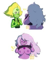 2girls amethyst_(steven_universe) big_penis braless breasts female flashing green_skin lewdshock peridot_(steven_universe) purple_skin steven_universe tagme white_hair yellow_hair yuri