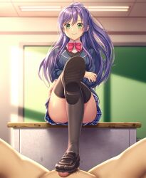 1boy asisuki black_socks bow bowtie clothed_female_nude_male commission crossed_legs desk female femdom footjob green_eyes highres indoors koi_kakeru_shin-ai_kanojo loafers long_hair nude pink_bow pink_bowtie pixiv_commission purple_hair school_uniform shoejob sitting small_penis socks spread_legs thigh_socks thighhighs