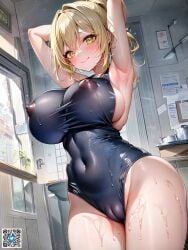 1girls ai_generated armpits arms_behind_head arms_up bangs black_one-piece_swimsuit blonde_hair blush breasts cameltoe closed_mouth covered_navel covered_nipples cowboy_shot cup green_eyes hair_intakes impossible_clothes impossible_swimsuit indoors large_breasts long_hair looking_at_viewer myrr one-piece_swimsuit ponytail school_swimsuit sideboob skin_tight smile solo stable_diffusion swimsuit thighs wet wet_clothes wet_swimsuit window