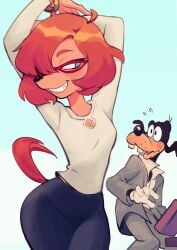 an_extremely_goofy_movie anthro arms_above_head blue_eyes blush canine colo disney dog_tail glasses goof_troop goofy hands_over_head hips hips_wider_than_shoulders librarian red_hair skirt smile sylvia_marpole