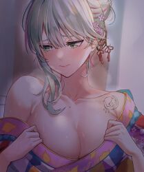 1girls bare_shoulders big_breasts blush blush cleavage dobure18 exposed_shoulders green_eyes grey_hair hair_ornament kimono kimono_down kimono_pull looking_away looking_down miyu_ottavia mole mole_on_chest nijisanji nijisanji_indonesia pink_hair solo solo_female solo_focus steam steaming_body sweat sweating sweaty taking_clothes_off tattoo tattoo_on_chest tied_hair virtual_youtuber