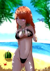 1girls artist_name artist_signature beach bikini black_bikini hololive hololive_english hololive_myth long_hair lurenjia nelson94613 outdoors pink_hair sling_bikini slingshot_swimsuit solo solo_female takanashi_kiara virtual_youtuber