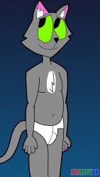 anthro belly bottomwear bottomwear_only briefs briefs_only bulge cat cute domestic_cat felid feline furry green_eyes green_sclera grey_body grey_fur kenmazu95 miles_grey nervous tighty_whities toony topless tuft tufted_ears tummy underwear underwear_bulge underwear_only