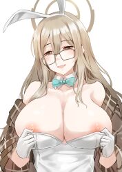 1girls akane_(blue_archive) akane_(bunny)_(blue_archive) areolae blue_archive blush bowtie breasts bunny_ears bunny_girl coat fake_animal_ears female female_only glasses gloves hair_between_eyes huge_breasts large_breasts nipple_slip nipples open_mouth smile smiling yilan_un