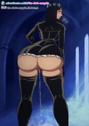 ass black_dress black_thighhighs blue_eyes blush female female_only floor human jacket leather_minidress looking_back mature_female medium_hair nico_robin no_panties one_piece peeing pre-timeskip pussy skirt smile standing the_dark_mangaka thigh_boots thighhighs uncensored urine wall water_7