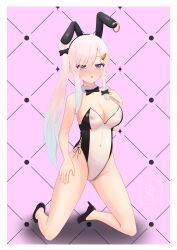 :o airani_iofifteen areolae artist_name artist_signature blush bunny_ears bunnysuit high_heels hololive hololive_indonesia kneeling leotard lurenjia nelson94613 nipples_visible_through_clothing see-through_clothing transparent_bunnysuit transparent_clothing virtual_youtuber