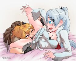 2girls ass blonde_hair blue_eyes clothed_sex cunnilingus devouring_pussy duo female female_only hi_res khartemis lesbian_sex licking licking_pussy light-skinned_female light_skin long_hair medium_breasts oral oral_sex purple_eyes pussy pussy_juice rooster_teeth rwby shaved_pussy smile spread_legs teenage_girl teenager weiss_schnee white_hair yang_xiao_long yuri