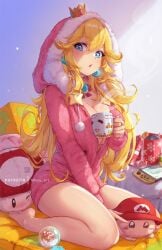 1girls 2023 breasts cleavage feet female female_only full_body holding_mug indoors kneeling large_breasts mario_(series) mitsu_art mug mushroom nintendo princess_peach sitting solo super_mario_bros. super_mario_bros._(nes) thighs wariza