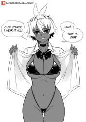 1girls belly big_breasts black_and_white bra breasts choker collarbone covered_nipples covering_breasts dark-skinned_female dark_skin english english_text feet female female_only large_breasts legs looking_at_viewer nervous open_mouth original original_character panties presenting presenting_breasts revealing_clothes saki_(sambalteracy) sambalteracy school_uniform schoolgirl short_hair shy solo solo_focus stomach sweat sweatdrop talons text text_bubble thick_thighs thighs tomboy tummy two_tone_hair upper_body