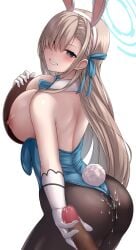 1boy 1girls animal_ears asuna_(blue_archive) asuna_(bunny)_(blue_archive) asuna_(bunny_girl)_(blue_archive) blonde_hair blue_archive blue_eyes blush brown_pantyhose bunny_ears bunny_girl bunny_tail bunnysuit censored chien_zero cleavage cum cum_on_ass cum_on_pantyhose dark-skinned_male dark_skin fake_animal_ears footwear gloved_handjob gloves hair_over_one_eye handjob large_breasts light-skinned_female light_brown_hair light_skin long_hair looking_at_viewer nipples no_bra pantyhose playboy_bunny smile thick_thighs thighs white_gloves wide_hips