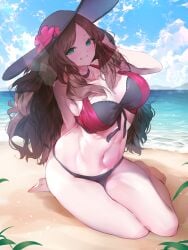 1girls alternate_costume bare_legs barefoot bikini black_bikini black_swimsuit breasts brown_hair dorothea_arnault female female_only fire_emblem fire_emblem:_three_houses fire_emblem_heroes green_eyes grin hat large_breasts legs_up long_hair looking_at_viewer nintendo ocean official_alternate_costume outdoors smile solo sun_hat swimsuit very_long_hair w_(w64851564)