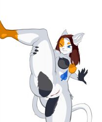 anthro anus black_body black_fur black_nipples blue_eyes bodily_fluids brown_hair calico_cat claws clenched_teeth delilah_delcat domestic_cat felid feline felis female fur genitals hair hand_on_leg hi_res mammal multicolored_body nipples one_eye_closed orange_body orange_fur orange_nipples pussy raised_leg simple_background solo spades_(suit) spades_marking standing stretching suit_symbol sweat teeth ursk white_background white_body white_fur