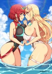 2girls ass asymmetrical_docking bangs blonde_hair blush breast_press breast_squish breasts clouds colored core_crystal crystal earrings exposed_shoulders holding_hands jewelry large_breasts long_hair mythra nails nintendo nonude one-piece_swimsuit painted_nails pyra red_eyes red_hair selfcest short_hair sky smile smiling swept_bangs swimsuit tagme thick_thighs thigh_band thighs tiara tight_clothing virus-g water xenoblade_(series) xenoblade_chronicles_2 yellow_eyes yuri