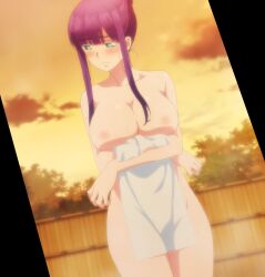 bathing bathing_together blue_eyes blush covering holding_breast large_breasts mixed_bathing naked purple_hair screencap shuumatsu_no_harem suou_mira towel voluptuous white_skin